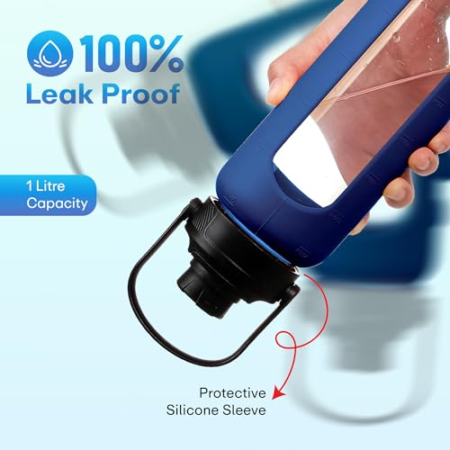 Image of Rioware1 Litre Motivational Borosilicate Glass Sipper with Silicone Sleeve, Time Markings, Airtight,Leak-Proof BPA-Free Eco-Friendly, Reusable Bottle For Fridge, Gym, Travel, Office & Home (BLUE)