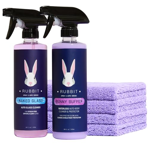 Rubbit Bunny Buffer Bundle, Waterless SiO2 Ceramic Car Wash & Protect Kit with Auto Body Clean and Protect Spray, Glass Cleaner, & 4 Microfiber Towels, Spray and Wipe Car Detailing Kit, 6 Piece Set
