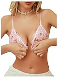 MakeMeChic Women's Cute Cherry Front Closure Bra Sheer Lace Spaghetti Strap Comfy Bralettes Pink Large