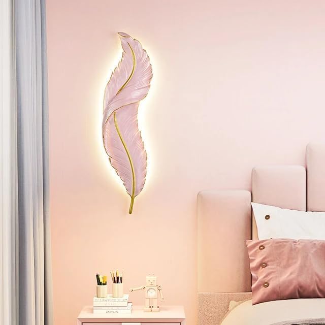 Image of Modern Pink Decorative 3-Color LED Warm White, Natural White & Cool White LED Feather Design Wall Lamp Sconce for Living Room, Bedroom, Hallway, Hotel, Staircase, Drawing Room,Reception