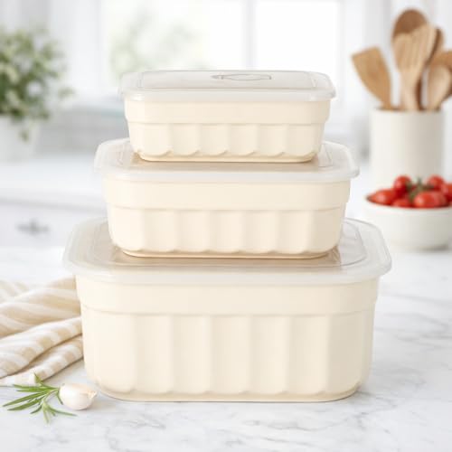 Image of Martha Stewart Broadbrook 6 Piece Stoneware Meal Prep Container Set with Lids, Rectangular Food Storage & Bakewar |Oven, Refridgerator, Microwave, Dishwasher Safe