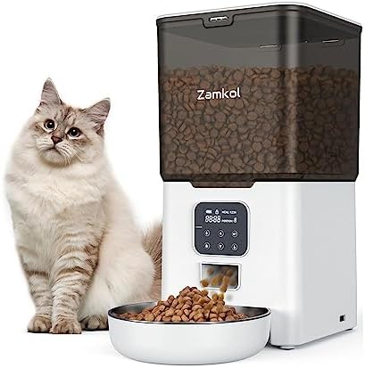 Automatic Cat Feeders, 6L Dry Food Dispenser with Programmable Meal & Portion Control, Timed Feeder for Cats and Dogs with Stainless Steel Bowl & Desiccant Bag, Dual Power Supply, 10s Voice Recorder