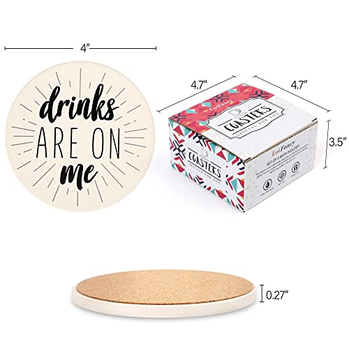 Lotfancy Funny Coasters For Drinks Absorbent With Holder, 6Pcs Ceramic Coasters With Cork Base, Round Coasters With 6 Sayings, Non-Slip, Bar Room Decor Housewarming Gift #TOP1