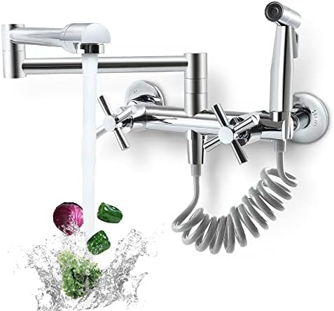 DOLGABA Commercial Pot Filler Wall Mount Kitchen Sink Faucet with Sprayer Swing Arm Folding Faucet 2 Cross Handle, Chrome Finish