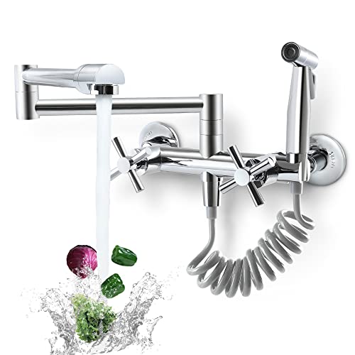 Dolgaba Commercial Pot Filler Wall Mount Kitchen Sink Faucet With Sprayer Swing Arm Folding Faucet 2 Cross Handle, Chrome Finish #TOP26
