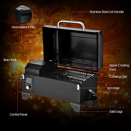 Oralner Portable Pellet Grill Tabletop Smoker, 8 In 1 Outdoor Bbq Smoker W/ Auto Temp Control For Camping Rv Travel Tailgating Apartment Cooking, Small Wood Pellet Smokers W/ Lcd Screen, Grease Bucket, Stainless Steel Meat Probe (Black) #TOP7
