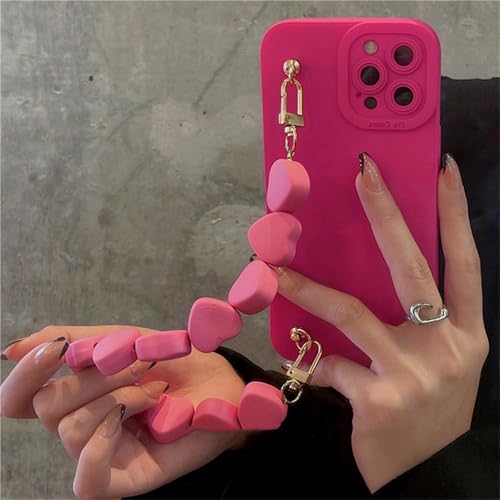 Coque iPhone 12 Pro antichoc housse portable rose rouge avec chaîne Love Heart