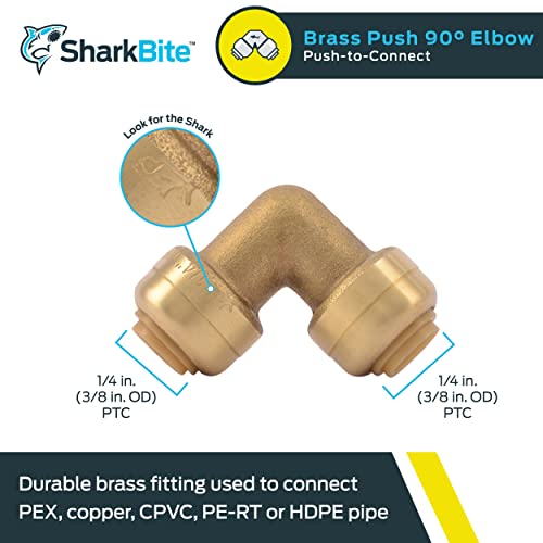 Sharkbite 1/4 Inch (3/8 Inch Od) 90 Degree Elbow, Push To Connect Brass Fitting, Pex Pipe, Copper, Cpvc, Pe-Rt, Hdpe, U244Lfa #TOP1