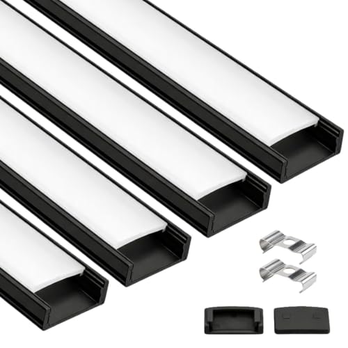 Image of Lighting (18x6mm) LED Strip Light 1Meter Black Aluminium Rectangular Surface Profile Light Channels with Diffused, Black End Caps and Mounting Clips Without LED Straight Linear (4)