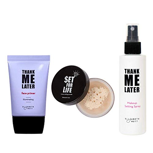 Elizabeth Mott Bundle: Thank Me Later Face Primer (Illuminating) AND Set for Life Finishing Powder (Translucent) AND Thank Me Later Makeup Setting Spray - Cruelty Free