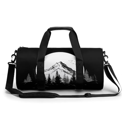 Simple Mountain And Pine Trees Travel Gym Bag for Women Men Cylindrical Duffle Bag Sport Workout Bag with Shoulder Strap