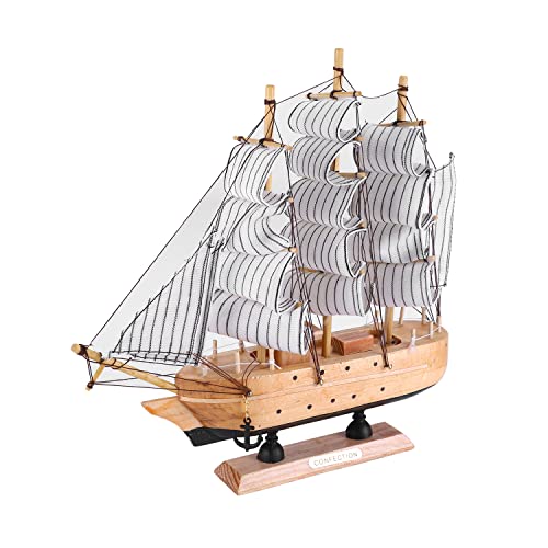 Wooden Sailboat Model 8.5" Tall Marine Coastal Sailing Ship Model Mediterranean Style Wood Handcrafted Sailing Boat Vintage Nautical Ocean Theme Sail Boat Ornaments Home Office Tabletop Decors
