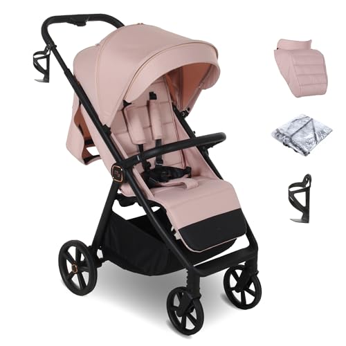 My Babiie MB170 Plus Pushchair – from Birth to 4 Years (22kg), 4-Wheel Suspension, Large Basket, XL Canopy, Foldable, Compact, Stroller with Footmuff, Cup Holder, Rain Cover – Pastel Pink