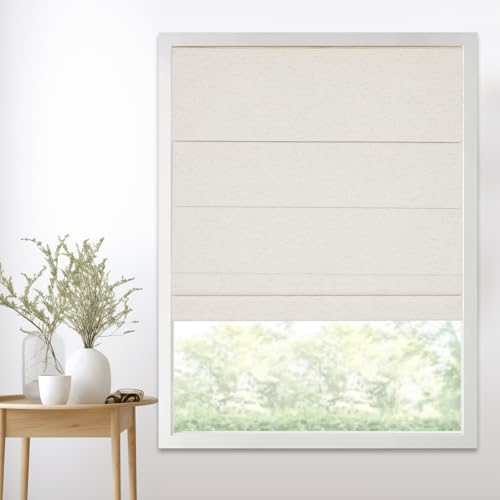 Persilux Cordless Blackout Roman Shades for Windows,Natural Woven Linen Fabric Roman Shades,Thermal Insulated Roman Blinds,UV Protection for Bedroom, Living Room, Office,Cream，Customize Size