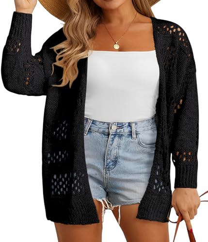 Image of Plus Size Womens Crochet Cardigans Sweater Boho Long Sleeve Lightweight Oversized Open Front Loose Fit Knitted Tops
