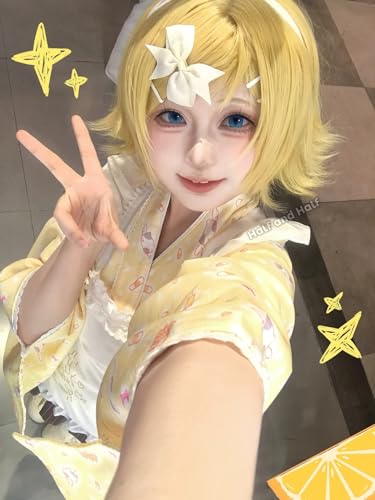 Image of Half and Half Short Blonde Side Part Anime Cosplay Wig Blonde Virtual Singer Costume Wigs Women's Light Golden Layered Hair Wig for Female Halloween Party Daily