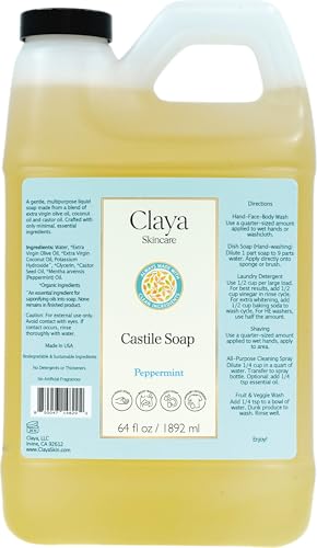 Claya Liquid Castile Soap Organic Ingredients, Biodegradable, Gentle for Sensitive Skin and Versatile Use (64 fl oz, Peppermint)