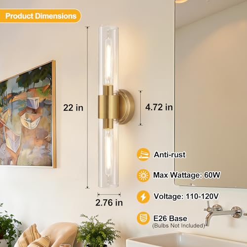Image of Wall Sconces Set of Two, Brushed Gold Bathroom Sconces Wall Lighting with Clear Glass, Hardwired Modern Sconces Wall Decor Set of 2 for Bathroom Mirror Bedroom Living Room Hallway