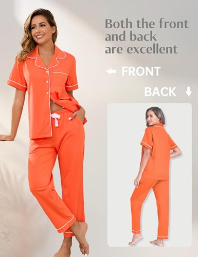 Image of COLORFULLEAF Women's 100% Cotton Pajamas Set Button Down Sleepwear Short Sleeve Shirt and Long Pants Soft Ladies Lounge Sets