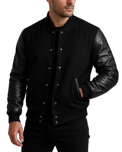 Mens Varsity Letterman Baseball Bomber Jacket | Casual Fashion Wool & Faux Leather College/High School Jackets