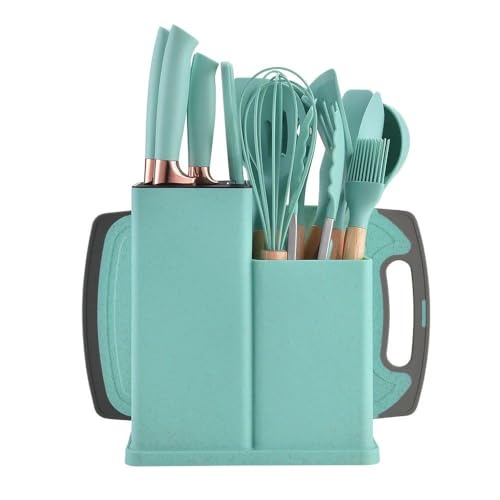 Image of Barebeauty 19 Piece Utensil Set | Spatulas with Knife and Board | 19 Piece Kitchen Kit | Silicone Instrument Set | Sturdy Wooden Handle | Multifunctional Kitchen Tools (Green)