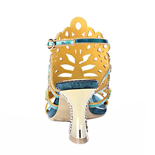 Honeystore Women's Rhinestone Peacock Patterned Handmade Sandals with Chunky Heel3