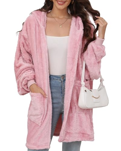 Argstar Women's Pink Fleece Hooded Cardigans, Oversized Wearable Blanket Hoodie Jacket Winter Coats with Pockets