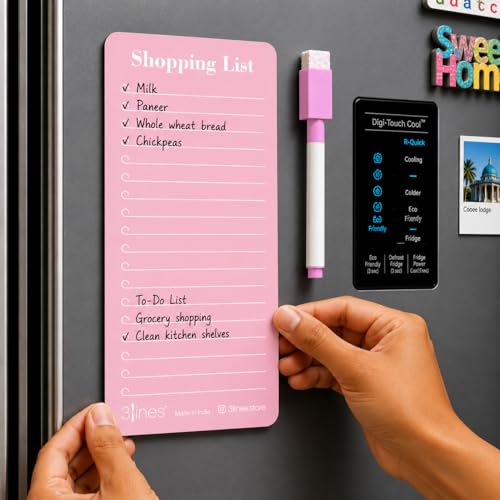 Image of 3 Lines Shopping List Fridge Magnet with Marker|Smart Planning & Shopping for Family, Working Professionals|Acrylic Magnetic Notepad for Kitchen Organisation|9x24 cms|Pink Guava Color|Regular