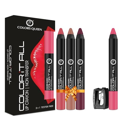 Image of Colors Queen Color It All Long Lasting Pack of 3 & Get 1 Free Crayon Lipstick Combo | Up to 18 Hours Stay | Matte Finish | Water, Smudge Proof (Peach Love, Pink Rose, Murphy Wine & Rusty Nude,3.5g)