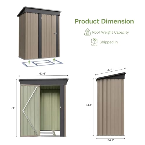 Image of Devoko 5 x 3 FT Storage Sheds with Floor Frame, Waterproof Garden Tool Shed with Lockable Door, Outdoor Metal Small Shed for Backyard Patio Lawn, Brown