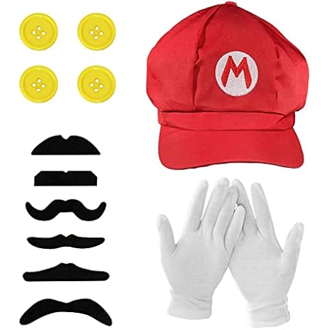 Alaiyaky Mario Costume Kits for Kids Adult, Mario and Luigi Hats with White Gloves Buttons Mustaches, Mario Cosplay Outfit, Boys & Girls Fancy Dress Up Set for Carnival Halloween Book Day (Red) Cover