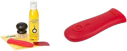 Miniatura 1 de Lodge Kit de cuidado de hierro fundido sazonado y soporte de mango caliente de silicona, mango de silicona protector contra el calor rojo para
