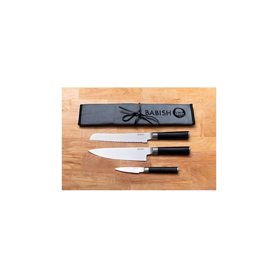 Babish German High-Carbon 1.4116 Steel Cutlery, 3-Piece (Chef Knife, Bread Knife, & Pairing Knife) w/Kitchen Knife Roll