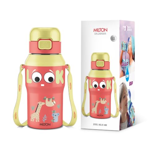 Image of Milton Steel Helio 400 Thermoware Water Bottle 370 ml with One Touch Safety Lock & Twin Lid Sip or Gulp, Long Hours Hot & Cold, Leak Proof, ISI Certified, PU Insulated, for Kids, School, Pastel Yellow