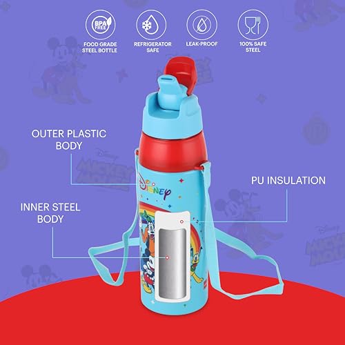 Image of CELLO Kidzbee Era 600 Insulated Kids Water Bottle 520 ml, Light Blue | 3D Touch & Feel Mickey Family Design One Hand Grip Lightweight Leakproof Easy Sip Flip Cap Insulated Water Bottle For School Kids