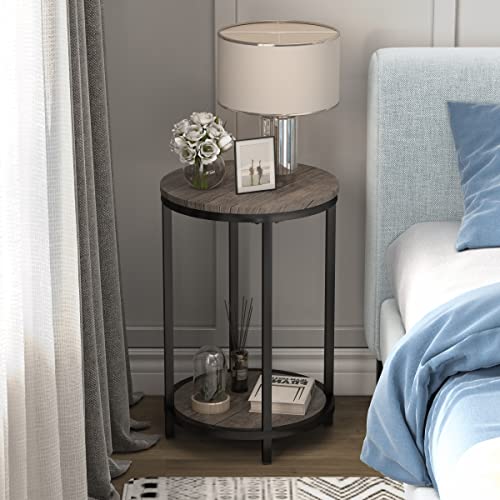 Image of NSdirect Round Side Table Set of 2,16in Rustic Wooden End Table Surface Top & Sturdy Metal Legs Nightstand for Living Room Bedroom Farmhouse Sofa Table with Storage Open Shelf,Light Walnut
