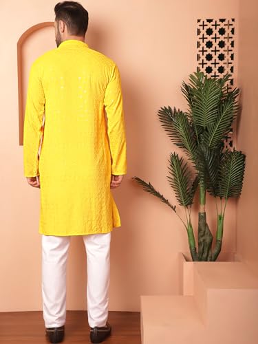 Image of Jompers Men's Yellow Embroidered and Sequence Kurta with Pyjama (Yellow, S)
