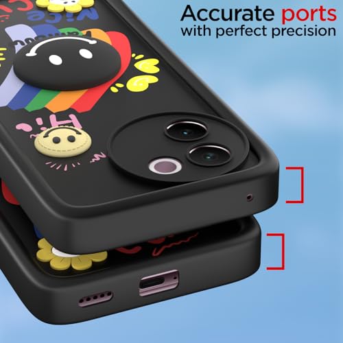 Image of Pikkme Back Cover for Vivo V30e 5G | Soft Silicone| Cute Rainbow Smile & 3D Cartoon Flower Design | Shockproof Raised Camera Protection Bumper Case (Black)