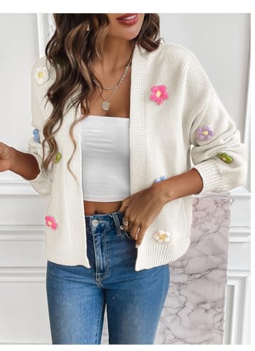 utcoco Women's Cropped Cardigan Sweaters Boho Crochet Floral Embroidery Oversized Open Front Knit Sweater Outwear2