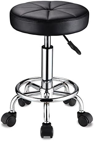HMTOT Swivel Stool with Wheels Round Rolling Stools PU Leather Height Adjustable Black