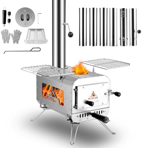 KUNGKA Tent Stove, 7.3ft height Portable Wood Burning Stove, Small Stainless Steel Hot Tent Stove with 6 Chimney Pipes for Outdoor Heating, Cooking, Hunting & Ice Fishing