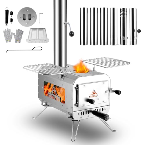 KUNGKA Tent Stove, 7.3ft height Portable Wood Burning Stove, Small Stainless Steel Hot Tent Stove with 6 Chimney Pipes for Outdoor Heating, Cooking, Hunting & Ice Fishing