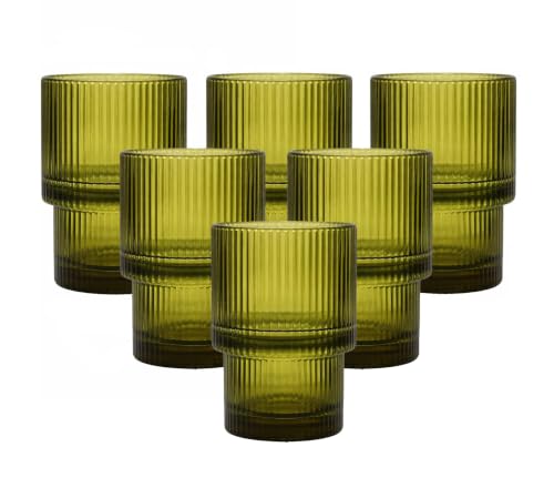 Image of 220 ML Premium Green Ribbed Drinking Glasses Set of 6, Vintage Water & Juice Glass Tumblers, Textured Glassware for Whiskey, Cocktail, Mocktail, Soft Drinks & Everyday Use (MT-47)