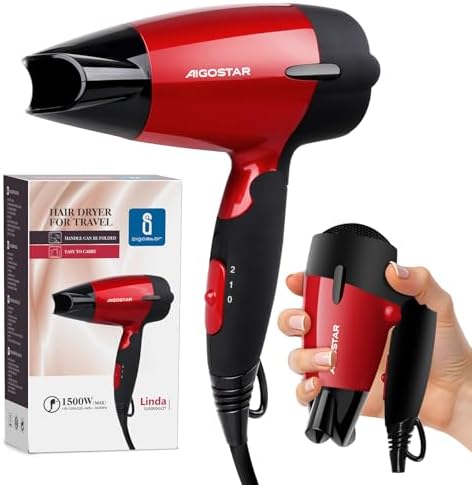 Aigostar Secador Pelo Viaje Plegable, 1500W Secador Rojo, 400g Portátil Ligero, 2 Calefacción, Doble Tensión, para Familias, Viaje, Equipaje de mano, ...