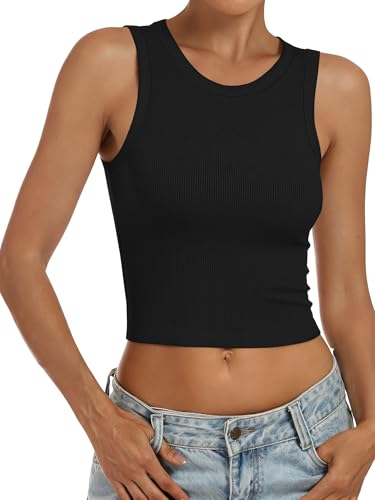 Image of ANRABESS Womens Crop Tank Tops High Neck Sleeveless Ribbed Knit Slim Fit Shirts 2026 Summer Casual Basic Workout Clothes