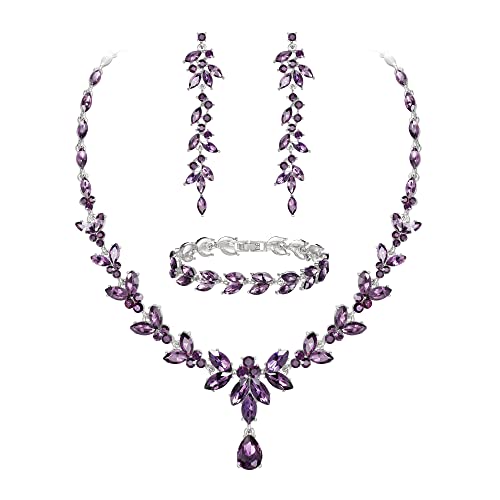 EVER FAITH Schmuckset Österreichisches Kristall Braut Schmuck-Set, elegante Marquise Strass Blatt Halskette mit baumelnden Ohrringen Tennis-Armband-Set, Lila Silber-Tone
