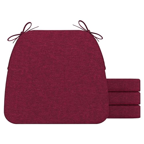 Image of AAAAAcessories D-Shaped Chair Cushions, 2 inch Thick Dining Chair Pads with Ties and Removable, Machine-Washable Cover, 17 inch x 16 inch, Set of 4, Wine Red