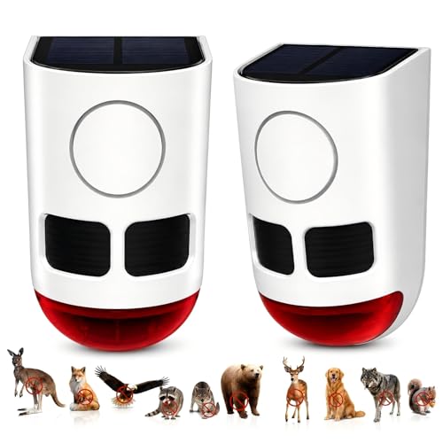 ChunHee Solar Motion Sensor Alarm Outdoor 4 Working Mode Dog Barking Motion Activated Alarm 129dB Loud Sound Noise Maker IP65 Waterproof Motion Detector with Strobe Light for Yard Farm Garden 2 Pack