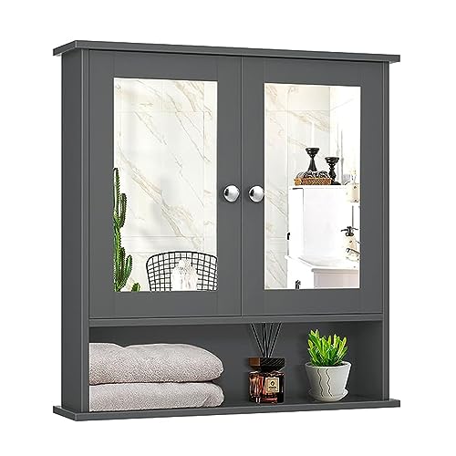 GOPLUS Armario de Baño Con Espejo y Estante, Colgante de Pared, de Madera, 56 x 13 x 58 cm (Gris)