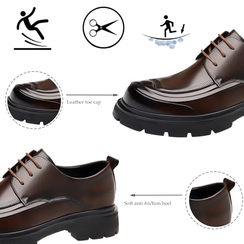 Men's Fashion Genuine Leather Wingtip Dress Oxford Shoes Retro Round Toe Comfortable Lug Sole Non-Slip Lace-Up Dress Shoes Business Work Shoes4